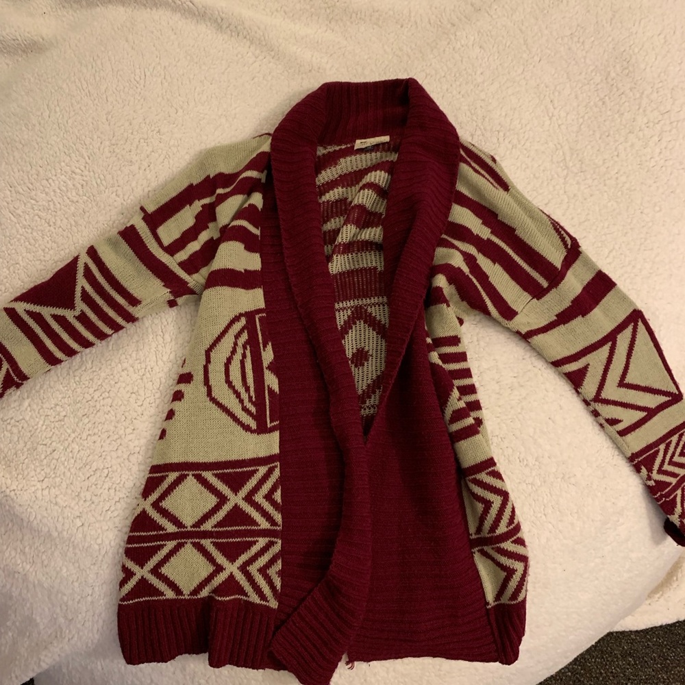 Maroon and tan cardigan